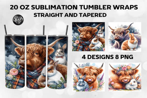 Highland Cow with Bunny Tumbler Wrap PNG Graphics